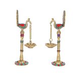 Two Moustaches Gemstone Work Peacock Design 9 Inches Brass Hanging Diya Pair, Brass Diyas for Decoration, Brass Oil Lamp, Brass Diya for Puja, Standard, Pack of 2