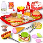 51PCS Pretend Play Fast Food Set Kitchen Play Removable Food Toy with Hamburger French Fries Hot Dog Ice Cream Coke and Accessories for Kids Toddler Children Boys Girls Age 3+