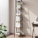 Hzuaneri 6-Tier Ladder Shelf, Narrow Bookshelf, Freestanding Bookcase, Corner Storage Shelves with 2 Hooks for Home Office, Living Room, Kitchen, Bedroom, Industrial, Rustic Brown and Black BC13301B