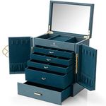 Vlando Large 5 Layer Jewellery Box, PU Leather Jewellery Organiser with Removable Jewellery Tray for Necklace Earrings Rings Bracelets, Jewellery Storage Display Case for Women Gift, Green