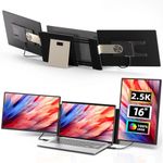 Laptop Screen Extender 2.5K Monitor - 16" Double Portable Monitor 2560x1600P QHD 100% sRGB IPS 235° Rotation Detachable Screen Design Extra Compatible with Mac Wins Dex Chrome Fits 13"-17" Laptops
