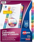 Avery 1-31 Tab Dividers for 3 Ring Binders, Customizable Table of Contents, Multicolor Tabs, 1 Set (11129)