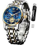 OLEVS Watch for Men Skeleton Analog Quartz Chronograph Diamond Watches Two Tone Stainless Steel Moon Phase Calendar Waterproof Wrist Watch Two Tone&Gold Blue