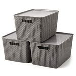 EZOWare 20L Large Plastic Knitted Woven Storage Basket With Lid, Set of 3 Stackable Organiser Lidded Bin Box for Nursery, Kids, Closet, and More - 42 x 29 x 22.5 cm/Gray