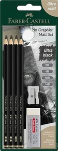 Faber-Castell Pitt Graphite Matt Pencils Set, Includes 4 Pencils 2B, 6B, 10B, 14B, Rubber Eraser And Pencil Sharpener, Ideal For Artists, For Blending, Shading, Drawing, Graphite, Sketching, Charcoal