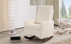 Upholstered Rocking Chair Accent Chair, Nursery Rocking Chairs in Teddy Fabric with High Backrest,Side Pocket and Rubber Wood Legs, Comfy Nursing Chair for Living Room