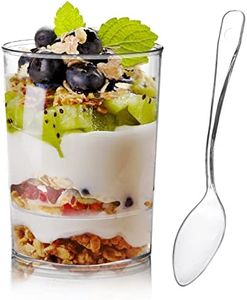 Okllen 100 Pack Mini Dessert Cups with Spoons, 3 Oz Round Shot Cups Plastic Dessert Shooters, Appetizer Parfait Cups Shot Glasses for Chocolate Desserts, Ice Cream, Puddings, Tasting Party