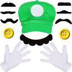 Mario Costume Kids Adult Women Men 12 Pcs Cosplay Accessories with Mario and Luigi Hat Cap Gloves Moustache Buttons for Halloween Costume Outfits Fancy Dress Up Boy Girl for Party Carnival Accessories