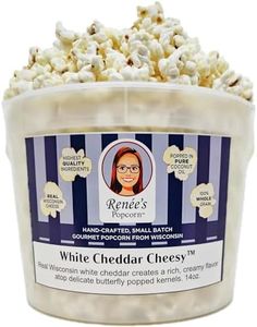 Renée’s White Cheddar Cheesy™ Gourmet Popcorn – real Wisconsin white Cheddar cheese is smooth and creamy on fresh popped corn making an indulgent, crispy, cheesy, delightful snack or gift - 1.1 gallon plastic bucket tin, 14 oz bulk party size.