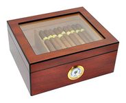 DUCIHBA Cigar Humidors Storage 25-50 Cigars Box, Tempered Glass Top Display, Handcraft Spanish Cedar Wood Cigar Case with Divider, Humidifier and Hygrometer, Gift for Man, Sapele Cherry