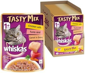 Whiskas Tasty Mix Adult (1+ Year) Wet Cat Food, Chicken with Tuna & Carrot in Gravy, 70 g, Pack of 14| Made with Real Fish| Complete & Balanced Nutrition for Adult Cat