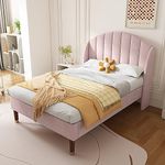 BTM Upholstered Single Bed, 3FT Single Bed Frame with Headboard and Wooden Slatted Support, Youth Bed, Pink Velvet Bed Frame, 90x190cm