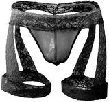 Bommi Fairy Men's Panties Lingerie Lace Low Rise Stretchy G-String Bikini Thong Underwear with Garter (Black)