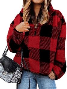 BTFBM Women Sherpa Pullover Quarter Zip Long Sleeve Fluffy Soft Fleece Jackets Sweaters Sweatshirts Hoodies Outwear Coat (Plaid Red, X-Large)