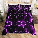 Boys Honeycomb Bedding Set for Kids Men Girls Modern Geometry Hexagon Theme Comforter Cover Purple Neon Decor Duvet Grid Art Bedspread Bedroom Collection 2Pcs Single