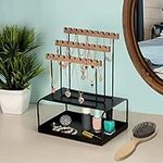 BELLE VOUS 3 Tier Black Jewellery Holder Display Stand with Black Metal Base - 30 Slots - Tabletop Jewellery Organiser Stand with Tray for Necklaces, Earrings, Bracelets, Rings & More