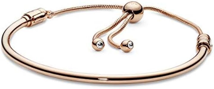 Pandora Moments 14k Rose Gold-Plated Slider Bangle - Charm Bracelet for Women - Compatible Moments Charms - Features Rose & Cubic Zirconia- Gift for Her - 7.5"