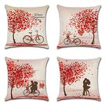 Royalours Pillow Covers Red Heart Tree Maple Leaves with Love Bicycle Decorative Cotton Linen Throw Pillow Case Cushion Cover Set of 4 Valentine's Day Home Sofa Decor 18 x 18 Inch (Red Heart Tree)