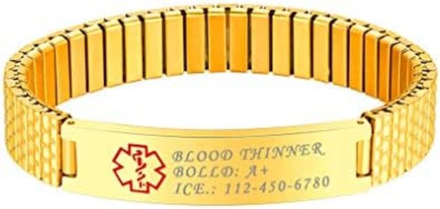 Bandmax 18K Gold Plated Custom Engraved Medical ID Alert Bracelet for Men Women Personalized Type 1 Diabetes Bracelet Wrsitband for Patient