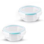 Attro Glassox Classic Round Lunch Box with Locking Lid Borosilicate Glass Lunch Box Food Storage Fridge Organiser Microwave & Freezer Safe Set of 2 390ml