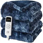 EHEYCIGA Electric Heated Blanket Throw Faux Fur, 10 Hours Auto Shut Off 9 Heating Levels Heating Blanket Throw, Soft Warm Heated Blanket Fast Heating Navy Blue, Faux Fur & Sherpa