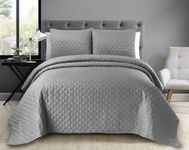 Luxury Quilted Embossed Bedspread Set with Pillow Shams - Elegant 3 Piece Bed Throw - Single, Double, King Sizes (Grey, King)