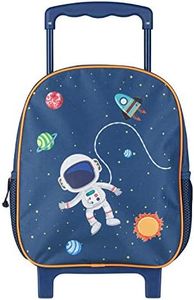 Idena 20068 - Chariot à dos avec 2 roues à paillettes, pour enfants, bleu foncé avec motif stylisé d'astronautes et d'espace, comme bagage à main, chariot d'école et sac à dos pour enfants