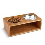 Flexzion Elevated Dog Bowl Stand Raised Dog Bowl Holder Pet Feeding Station Dish Riser 14 Oz 4.7-Inch Tall Food and Water Platform Stainless Steel Raised Food Bowl for Dogs and Cats with Wooden Stand