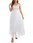 BeryLove Sequin Dress for Woman Vintage A Line Wedding Formal Swing Mesh Dress Sleeveless Cocktail Maxi Gowns, Long-white, Small