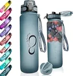 34 oz Insulated Water Bottle with 32 oz Timed Marker - Cute Gym Water Bottles with Fruit Infuser & Shaker - For Workout Fitness Travel - Locking Flip Lid (Navy, 34oz)