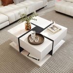 Merax Coffee Table with 4 Drawers, Unique Color Matching and Line Design, Living Room Coffee Table with Storage Space at the Bottom, Modern Square Coffee Table, 78x78x36cm, White