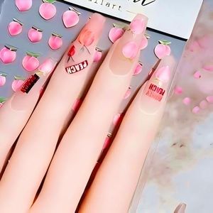 New Honey Peach Nail Art Sticker Decals Cute Fruit Peach Ultra-Thin Self-Adhesive Nail Art Stickers (2 Sheets) + 8 PCS 3D Honey Peach Nail Art Accessories for Nail Art Design for Ladies Girls Kids