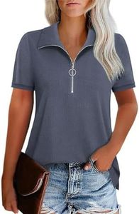 GRMLRPT Chemisier Manche Courte pour Femme Blouse Uni Polo T Shirt Chemise Col V À Manches Courtes Tops Décontractés Blouse Femme Chic(Bleu,L)
