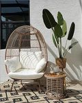 DWVO Wicker Egg Chair with Coffee Table, Outdoor Indoor Egg Shaped Chair, 626lbs Capacity Oversized Basket Chair Set with Side Table, Cushions (Beige)