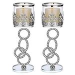 JuxYes Set of 2 Pillar Crystal Glass Candle Holder, Decorative Candlestick Holders Tealight Votive Candle Holder for Wedding, Coffee Dining Table, Christmas, Table Centerpieces, Silver, 8.5 inch Tall