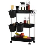 DOEWORKS Storage Trolley Cart, 3-Tier Storage Cart with Wheels Rolling Utility Cart with Hanging Cups Multi-Purpose Storage Shelf Rack for Kitchen Bathroom Bedroom Office, Black