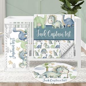 KAINSY Personalized Crib Bedding Set for Baby, Soft Baby Boys Nursery Bedding Crib Sets, 3 Pcs Double Layer Custom Name Baby Crib Set, Green Dino Baby Bedding Set, Toddler Infant Customized Gifts