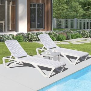 Domi Patio Chaise Lounge Set of 3, Outdoor Lounge Chair, All-Weather Plastic Adjustable Reclining Lounger, Stackable Tanning Lounge Chair w/Wheels, Side Table, for Beach Garden Lawn Pool, White