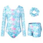 JiAmy Gymnastics Leotards for Girls, Long Sleeve Biketards Sparkly Dance Unitard with Shorts Athletic Bodysuit Outfit for Kids, Blue 5-6 years