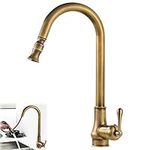 Kitchen Sink with Pull Down Sprayer, Single Handle High Arc Pull Out Kitchen Taps, Retro High Pressure 360° Rotatable Kitchen Faucet with Hot and Cold Water Adjustable, Made of Brass