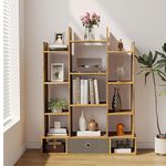 VERMESS Bookshelf with Drawer, Rustic Brown Wood Bookshelves Storage Organizer Shelf with 14 compartments, Free Standing Book Shelf Industrial Shelf for Bedroom,Living Room,Office