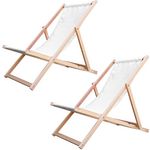 NOVECRAFTO Traditional Folding Wood Deck Chairs Set of 2, Beach/Garden Wooden Deck Chair, Seaside Lounger Outdoor Adjustable Recliner Deckchairs, Folding Deck Chair With White Colour Canvas Fabric