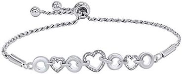 Natural Diamond Accent Heart Link Bolo Bracelets in 14k White Gold Plated 925 Sterling Silver-7.5" (1/20 Cttw, I-J Color, I2-I3 Clarity)