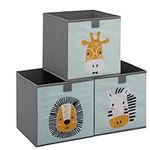 Navaris Kids Storage Cubes (Set of 3) - Storage Boxes 28x28x28 cm with Animal Designs - Children's Cube Box Set for Toys Nursery Bedroom - Mint Green