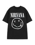 Nirvana Mens T-Shirt | Adults Short Sleeve Graphic Tee in Black | Classic Grunge Distressed Band Logo Print Apparel Top | Vintage Rock Band Merchandise Gift