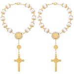 Sibba 2 Pieces Car Rosary Mirror Rearview Mirror Hanging Accessories Auto Rosary with Cross Blessing Rosary Religious Catholic Beads Car Medal for Mirror Interior Truck Motorcycle Decors (Gold)