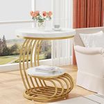 Zamofy Round End Table, 2-Tier Metal Coffee Table with Open Storage Shelf for Living Room, Marble Look Indoor&Outdoor Tea Table for Home and Office (Gold & White)