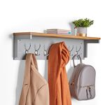 VonHaus Coat Hooks Wall Mounted - Grey Coat Rack with Shelf & 7 Strong Double Coat Hooks – Wall Mounted Coat Rack Hallway Organiser w/Ash Wood Veneer for Hall & Entryway for Coats, Scarves, Bags