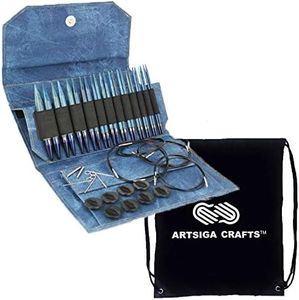 Lykke Knitting Needles Circular Interchangeable Set Indigo 5 inches Long (13cm) Indigo Denim Faux Leather Bundle with Artsiga Crafts Project Bag