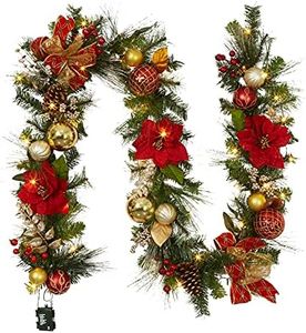 Fashionwu Outdoor Battery Operated Christmas Garland with Lights, Fireplace Pre-lit Xmas Garland Decorations with Red Flowers and Bow Ball, Realistic Artificial Garland for Mantle Banister Decor 9 ft